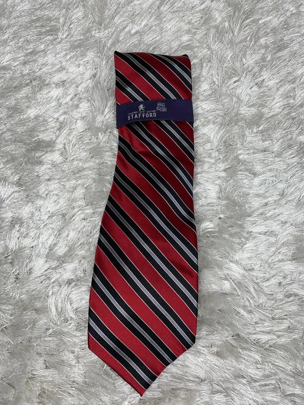 NWT Stafford Big & Tall Silk Red Blue Gray Stripe Neck Tie 100% Silk XL Tall